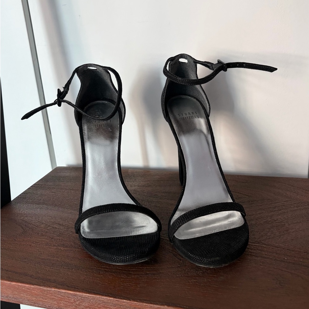 Stuart Weitzman Nudist Ankle Strap Sandals Black Goosebump